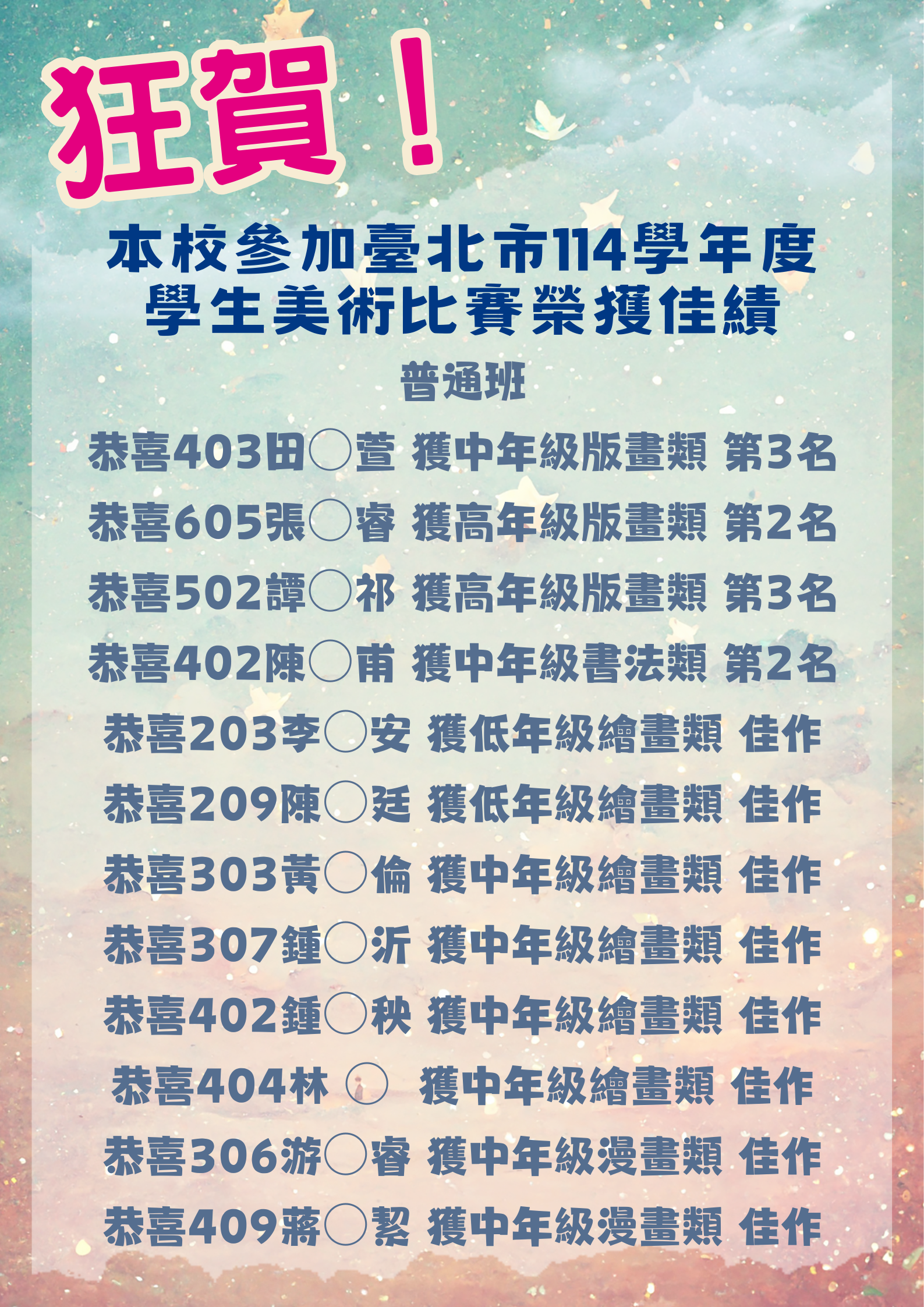 普通班獲獎名單