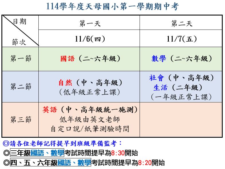 114-1期中考時間公告