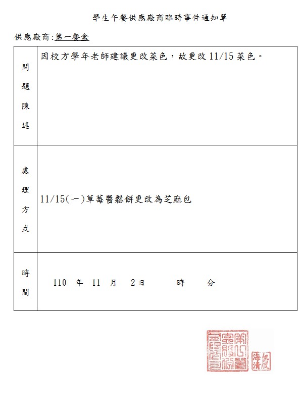 第一1115改菜通知